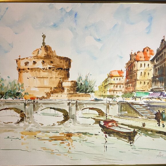 Original Signed Ponte St Angelo Rome Bridge & Castle Framed Watercolor Painting - Picture 4 of 7